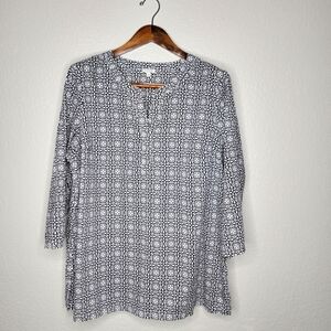 Talbots Womens Black And White Geometric Pattern V Neck Blouse Size XL